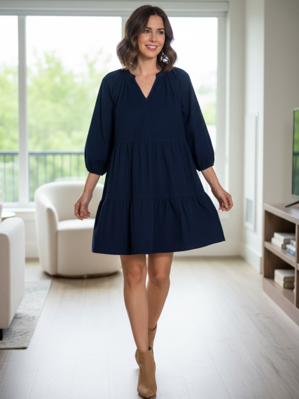 NWT navy blue, thin, striped corduroy, mini dress Sm